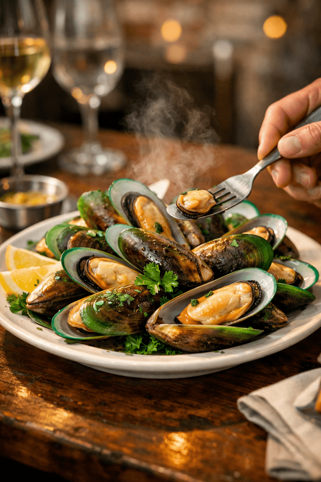 A plate of freshly cooked New Zealand green‑lipped mussels served in a restaurant. The mussels are large, vibrant, and glossy with jade‑green shell edges, arranged neatly on a white plate. Steam rises from the dish, and lemon wedges and parsley garnish the plate. A diner’s hand reaches in with a fork, ready to taste — the scene glowing with warm, coastal light that highlights the mussels’ distinctive colour and size. A plate of freshly cooked New Zealand green‑lipped mussels served in a restaurant. The mussels are large, vibrant, and glossy with jade‑green shell edges, arranged neatly on a white plate. Steam rises from the dish, and lemon wedges and parsley garnish the plate. A diner’s hand reaches in with a fork, ready to taste — the scene glowing with warm, coastal light that highlights the mussels’ distinctive colour and size.