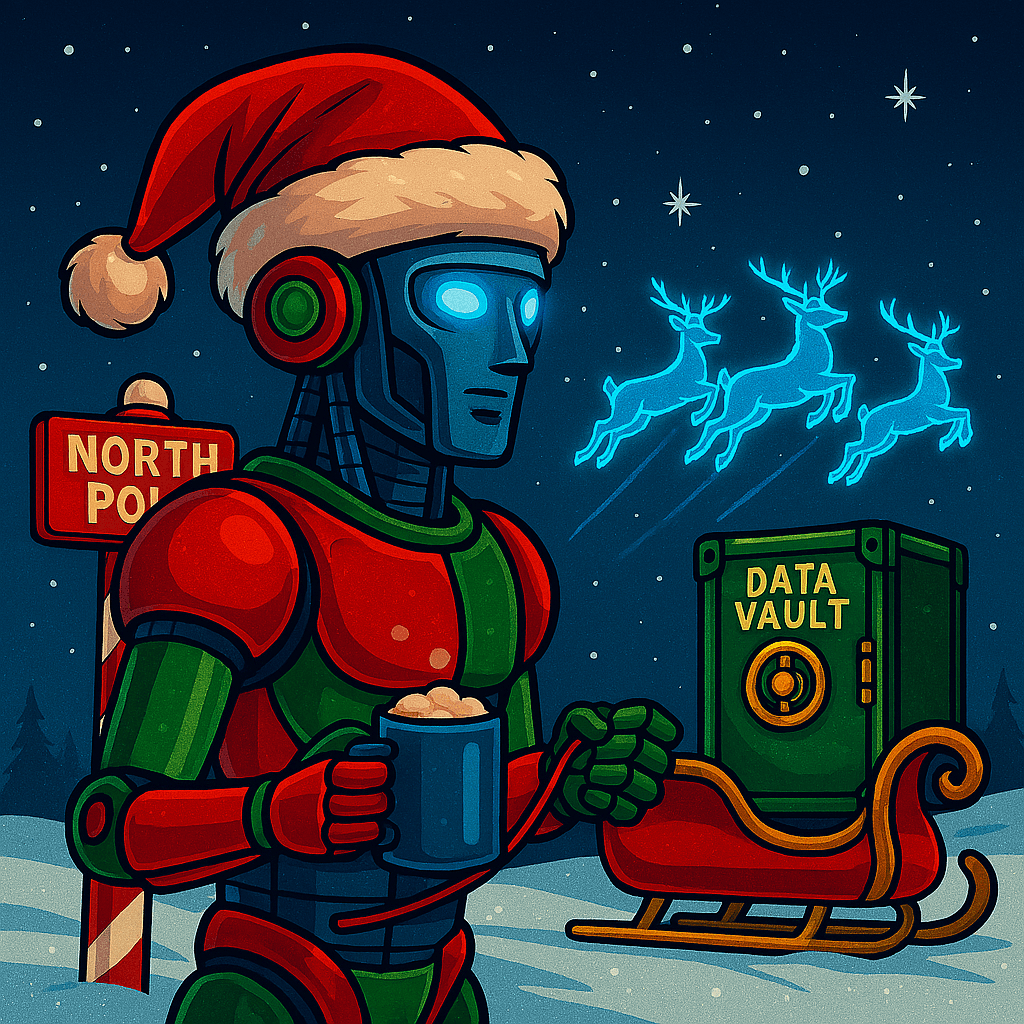 A festive robot in red and green armor stands at the North Pole, holding a steaming holiday drink. Behind it, a red sled carries a glowing green data vault marked “DATA VAULT.” A striped North Pole sign and holographic reindeer float in the snowy, star-filled background. A festive robot in red and green armor stands at the North Pole, holding a steaming holiday drink. Behind it, a red sled carries a glowing green data vault marked “DATA VAULT.” A striped North Pole sign and holographic reindeer float in the snowy, star-filled background.