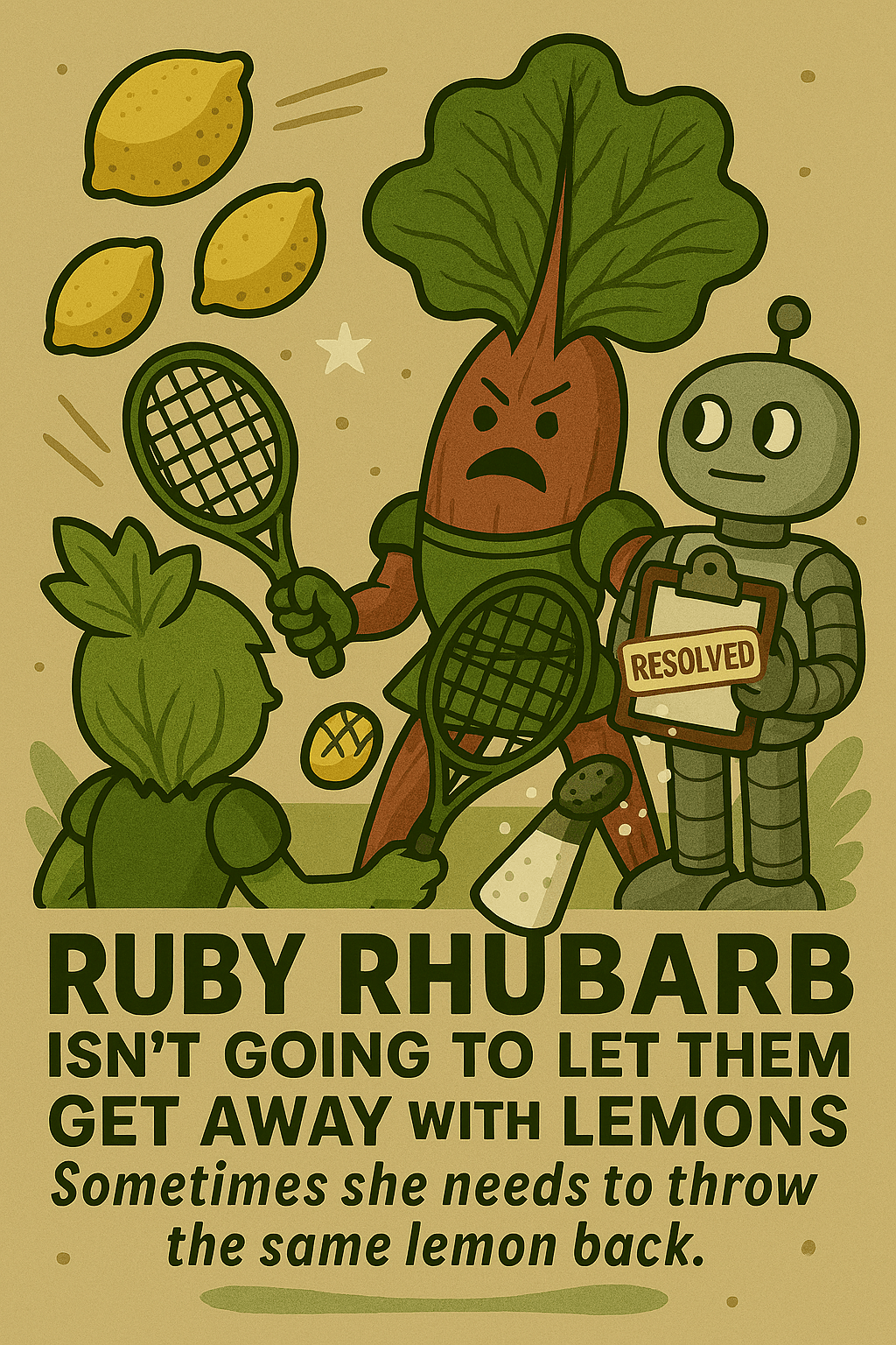 Cartoon illustration of Ruby Rhubarb with muscular arms, angrily holding a spray bottle and sugar cubes. A robot stands nearby with a “RESOLVED” clipboard. Three lemons fly through the air, seemingly repelled. Background includes leafy greens and a textured beige backdrop. Text reads: “RUBY RHUBARB ISN’T GOING TO LET THEM GET AWAY WITH LEMONS. They need a bit of sugar.” The image threads assertive sweetness into sour systems, advocating for recalibration with backbone and care. Cartoon illustration of Ruby Rhubarb with muscular arms, angrily holding a spray bottle and sugar cubes. A robot stands nearby with a “RESOLVED” clipboard. Three lemons fly through the air, seemingly repelled. Background includes leafy greens and a textured beige backdrop. Text reads: “RUBY RHUBARB ISN’T GOING TO LET THEM GET AWAY WITH LEMONS. They need a bit of sugar.” The image threads assertive sweetness into sour systems, advocating for recalibration with backbone and care.