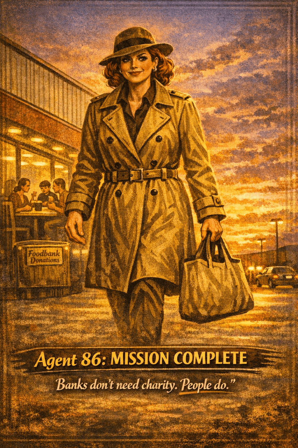 Agent 86 walks confidently out of a supermarket at sunset, reusable bag in hand. In the background, a glowing donation bin and a family eating dinner are visible through the window. Caption reads: “Banks don’t need charity. People do Agent 86 walks confidently out of a supermarket at sunset, reusable bag in hand. In the background, a glowing donation bin and a family eating dinner are visible through the window. Caption reads: “Banks don’t need charity. People do