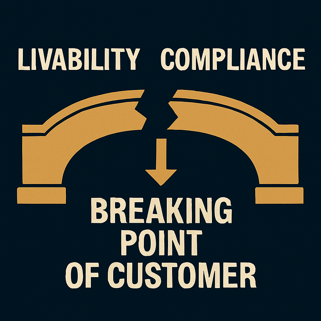 A visual metaphor showing a broken arch labeled “LIVABILITY” on one side and “COMPLIANCE” on the other. A downward arrow marks the rupture at the center, symbolizing collapse. Beneath the arch, bold text reads “BREAKING POINT OF CUSTOMER,” highlighting the emotional and structural fallout when systems fail to balance humane experience with regulatory demands. The image critiques institutional design that fractures under pressure, leaving the customer stranded at the fault line. A visual metaphor showing a broken arch labeled “LIVABILITY” on one side and “COMPLIANCE” on the other. A downward arrow marks the rupture at the center, symbolizing collapse. Beneath the arch, bold text reads “BREAKING POINT OF CUSTOMER,” highlighting the emotional and structural fallout when systems fail to balance humane experience with regulatory demands. The image critiques institutional design that fractures under pressure, leaving the customer stranded at the fault line.