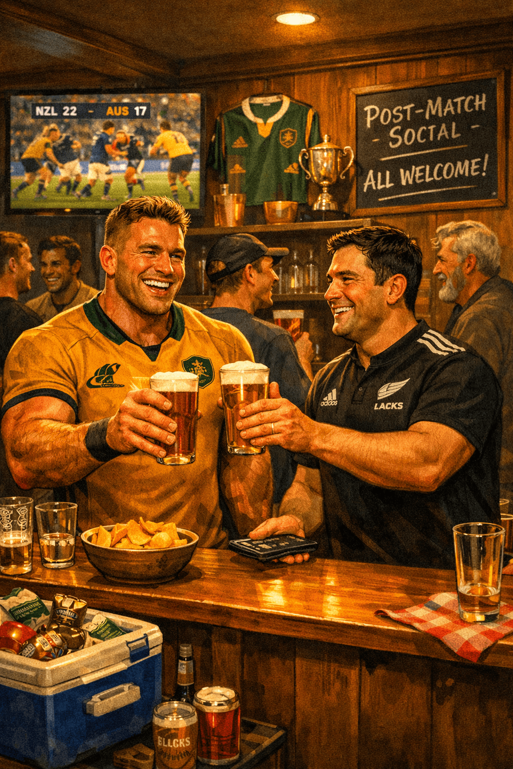 A warm, cartoon‑style pub scene shows a muscular Australian rugby player in a gold jersey raising a frothy pint with a broad grin. Beside him, a friendly Kiwi in a black All Blacks jersey smiles as he hands over another pint.t. Behind them, a TV shows the match replay with the score “NZL 22 – AUS 17,” and a chalkboard reads “Post‑Match Social – All Welcome!” Other players in gold and black jerseys laugh together under cozy amber lighting, surrounded by rugby memorabilia and trophies, capturing the easy camaraderie of rivals sharing a drink after the game. A warm, cartoon‑style pub scene shows a muscular Australian rugby player in a gold jersey raising a frothy pint with a broad grin. Beside him, a friendly Kiwi in a black All Blacks jersey smiles as he hands over another pint.t. Behind them, a TV shows the match replay with the score “NZL 22 – AUS 17,” and a chalkboard reads “Post‑Match Social – All Welcome!” Other players in gold and black jerseys laugh together under cozy amber lighting, surrounded by rugby memorabilia and trophies, capturing the easy camaraderie of rivals sharing a drink after the game.