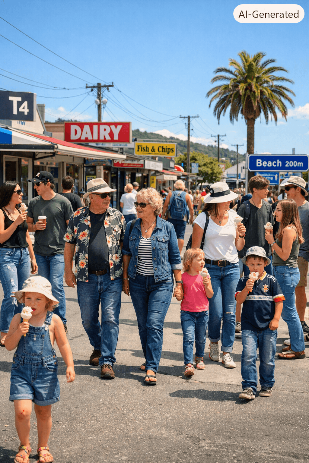 “Casual summer street scene in New Zealand where people of all ages wear jeans. A sunny day with a dairy, fish‑and‑chips shop, and beach sign in the background. Families, teens, and older couples walk, eat ice cream, and chat — everyone dressed in denim, showing the Kiwi ‘national uniform’ vibe. “Casual summer street scene in New Zealand where people of all ages wear jeans. A sunny day with a dairy, fish‑and‑chips shop, and beach sign in the background. Families, teens, and older couples walk, eat ice cream, and chat — everyone dressed in denim, showing the Kiwi ‘national uniform’ vibe.