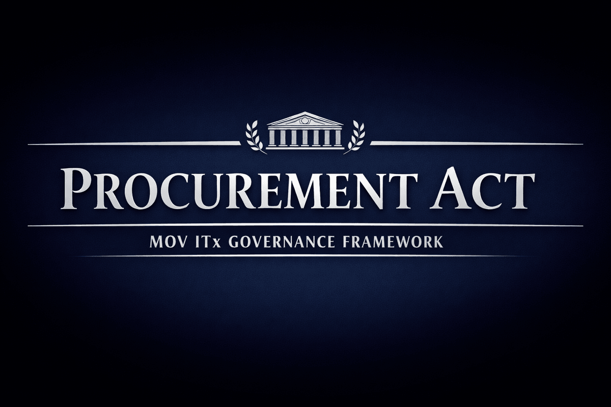 Procurement Act header: Navy blue banner with silver serif title “Procurement Act,” classical building emblem, and MOV ITx Governance Framework subtitle. Procurement Act header: Navy blue banner with silver serif title “Procurement Act,” classical building emblem, and MOV ITx Governance Framework subtitle.