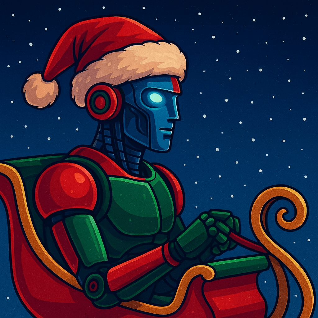 A robotic figure in red and green armor pilots a high-tech sleigh through a snowy starry sky. The sleigh is trimmed in gold and powered by glowing thrusters. The robot wears a Santa hat and grips the sleigh’s controls, blending festive tradition with futuristic design. A robotic figure in red and green armor pilots a high-tech sleigh through a snowy starry sky. The sleigh is trimmed in gold and powered by glowing thrusters. The robot wears a Santa hat and grips the sleigh’s controls, blending festive tradition with futuristic design.