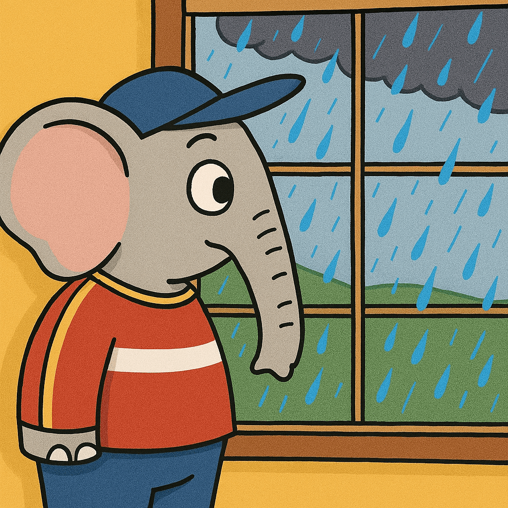 A cartoon-style illustration of a feminine elephant standing indoors, dressed in red and yellow running gear with blue pants and pink-accented sneakers. She wears a navy blue cap and gazes out a large window at heavy rain falling from dark clouds onto green hills. Her expression is calm and determined, ready to run despite the weather. The room has warm yellow walls, contrasting with the cool, rainy scene outside. A cartoon-style illustration of a feminine elephant standing indoors, dressed in red and yellow running gear with blue pants and pink-accented sneakers. She wears a navy blue cap and gazes out a large window at heavy rain falling from dark clouds onto green hills. Her expression is calm and determined, ready to run despite the weather. The room has warm yellow walls, contrasting with the cool, rainy scene outside.