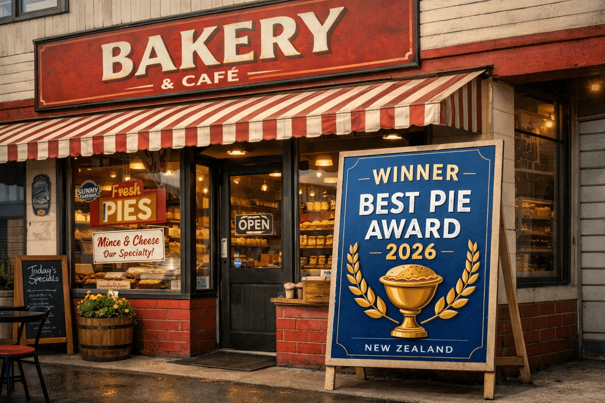 A New Zealand bakery with a red‑and‑cream storefront and striped awning displays a large sign reading “Winner Best Pie Award 2026.” Through the window, shelves of golden pies and a “Mince & Cheese Our Specialty” sign are visible. A chalkboard menu and a small table sit outside, with warm light spilling from the doorway — the unmistakable pride of a Kiwi bakery at its peak. A New Zealand bakery with a red‑and‑cream storefront and striped awning displays a large sign reading “Winner Best Pie Award 2026.” Through the window, shelves of golden pies and a “Mince & Cheese Our Specialty” sign are visible. A chalkboard menu and a small table sit outside, with warm light spilling from the doorway — the unmistakable pride of a Kiwi bakery at its peak.