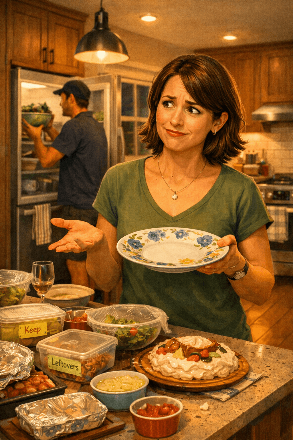 Illustration of a modern Kiwi kitchen after a potluck, with leftover dishes covering the counters. A woman in her mid‑30s stands in the foreground holding an unfamiliar floral plate, looking puzzled and amused. Behind her, a man places a bowl of green‑lip mussels into the fridge. Warm pendant lighting and scattered containers labelled ‘Keep’ and ‘Leftovers’ create a humorous, relatable post‑gathering scene. Illustration of a modern Kiwi kitchen after a potluck, with leftover dishes covering the counters. A woman in her mid‑30s stands in the foreground holding an unfamiliar floral plate, looking puzzled and amused. Behind her, a man places a bowl of green‑lip mussels into the fridge. Warm pendant lighting and scattered containers labelled ‘Keep’ and ‘Leftovers’ create a humorous, relatable post‑gathering scene.