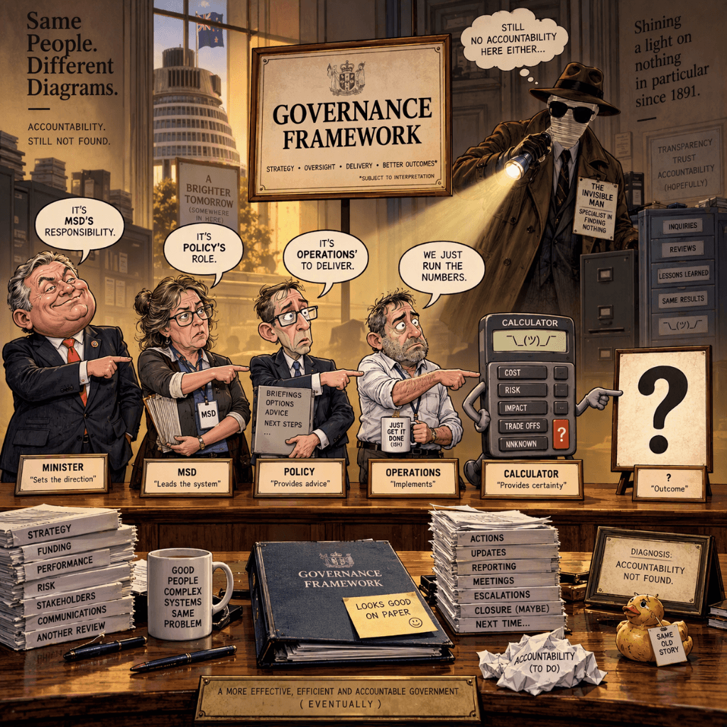 Government organisation chart in satirical editorial illustration style. Minister points to MSD, MSD points to Policy, Policy points to Operations, Operations points to Calculator, Calculator points to a large question mark. A sign reads "Governance Framework". The Invisible Man stands in the background searching the chart with a torch, unable to find accountability. Dark humour, bureaucratic satire, detailed infographic-style artwork, warm lighting, professional editorial illustration. Government organisation chart in satirical editorial illustration style. Minister points to MSD, MSD points to Policy, Policy points to Operations, Operations points to Calculator, Calculator points to a large question mark. A sign reads "Governance Framework". The Invisible Man stands in the background searching the chart with a torch, unable to find accountability. Dark humour, bureaucratic satire, detailed infographic-style artwork, warm lighting, professional editorial illustration.