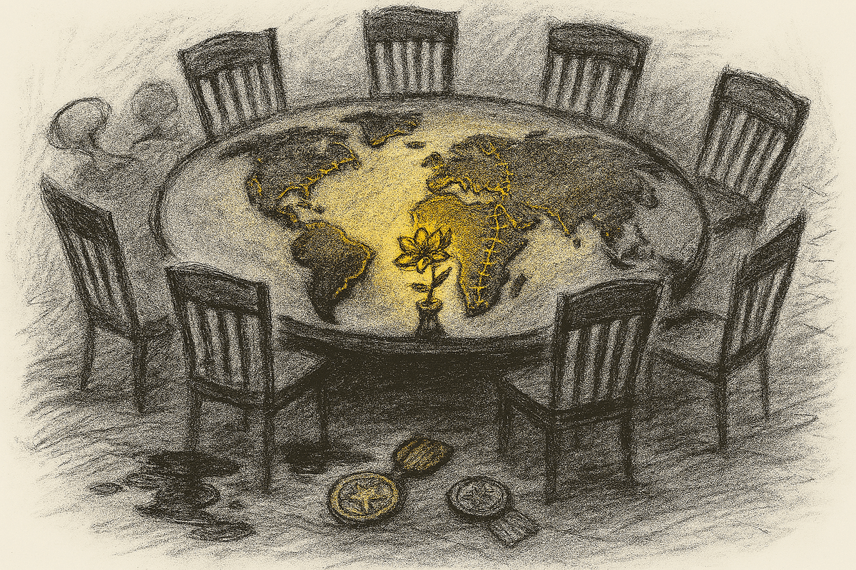 Expressive sketch-style illustration in muted gold and gray. A round table with a stitched map of the world at the center, glowing gold. Ink-like shadows pool around the borders of each continent. Eight empty chairs surround the table, one slightly pulled forward. In front of this chair, a single golden flower in a small vase. The image evokes invitation to guide, cross-border understanding, and the courage to lead. Expressive sketch-style illustration in muted gold and gray. A round table with a stitched map of the world at the center, glowing gold. Ink-like shadows pool around the borders of each continent. Eight empty chairs surround the table, one slightly pulled forward. In front of this chair, a single golden flower in a small vase. The image evokes invitation to guide, cross-border understanding, and the courage to lead.