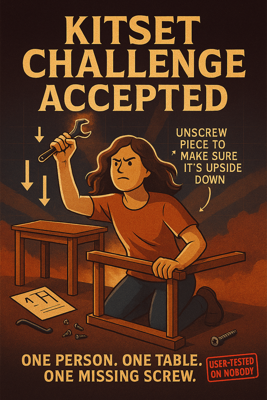 A dramatic movie-poster-style illustration titled “Kitset Challenge Accepted” features a gender-neutral person with long wavy hair assembling a flat-pack table. They kneel in a heroic pose, holding an Allen key aloft like a sword, with a determined expression. The table is partially built, one leg detached, and a single screw lies on the ground. Glowing light radiates behind the character, casting epic shadows. The background is textured with warm reds and oranges, evoking cinematic flair. Bold text at the bottom reads: “ONE PERSON. ONE TABLE. ONE MISSING SCREW.” A dramatic movie-poster-style illustration titled “Kitset Challenge Accepted” features a gender-neutral person with long wavy hair assembling a flat-pack table. They kneel in a heroic pose, holding an Allen key aloft like a sword, with a determined expression. The table is partially built, one leg detached, and a single screw lies on the ground. Glowing light radiates behind the character, casting epic shadows. The background is textured with warm reds and oranges, evoking cinematic flair. Bold text at the bottom reads: “ONE PERSON. ONE TABLE. ONE MISSING SCREW.”