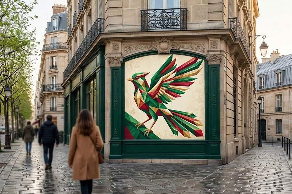 Mur peint d'un oiseau géométrique à un angle de rue dans l'est parisien Mur peint d'un oiseau géométrique à un angle de rue dans l'est parisien