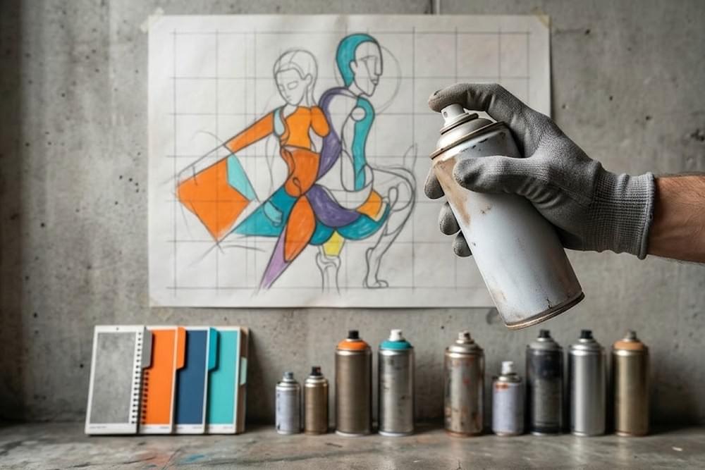 Main de graffeur tenant une bombe aérosol devant une esquisse quadrillée au mur Main de graffeur tenant une bombe aérosol devant une esquisse quadrillée au mur