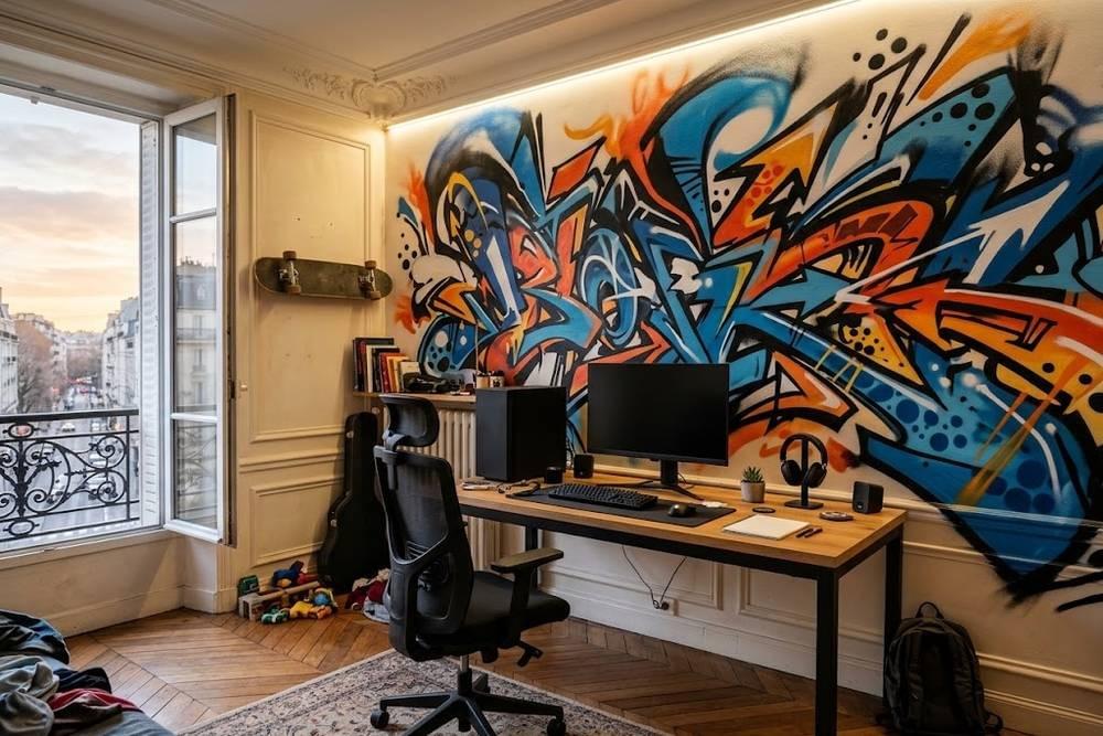 Mur de chambre d'adolescent peint à la bombe en style graffiti abstrait au-dessus du bureau Mur de chambre d'adolescent peint à la bombe en style graffiti abstrait au-dessus du bureau