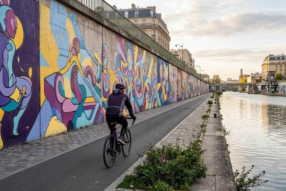 Fresques colorées sur les murs de béton le long d'un canal au nord-est de Paris Fresques colorées sur les murs de béton le long d'un canal au nord-est de Paris