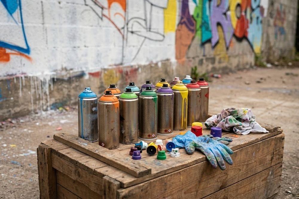 Bombes de peinture aérosol sans marque et caps de rechange posées devant un mur en cours de peinture Bombes de peinture aérosol sans marque et caps de rechange posées devant un mur en cours de peinture
