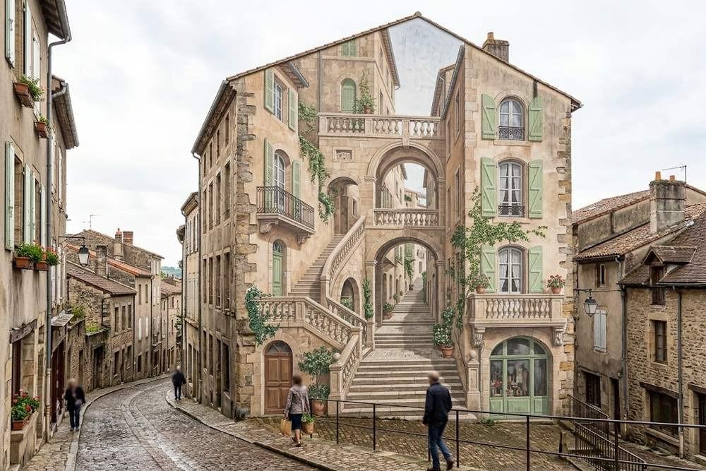 Façade peinte en trompe-l'œil avec escaliers en perspective sur une colline lyonnaise Façade peinte en trompe-l'œil avec escaliers en perspective sur une colline lyonnaise