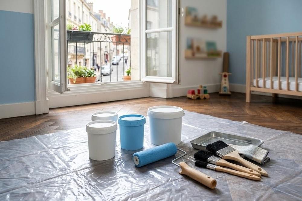 Pots de peinture à l'eau et bâche de protection dans une chambre aérée fenêtre ouverte Pots de peinture à l'eau et bâche de protection dans une chambre aérée fenêtre ouverte