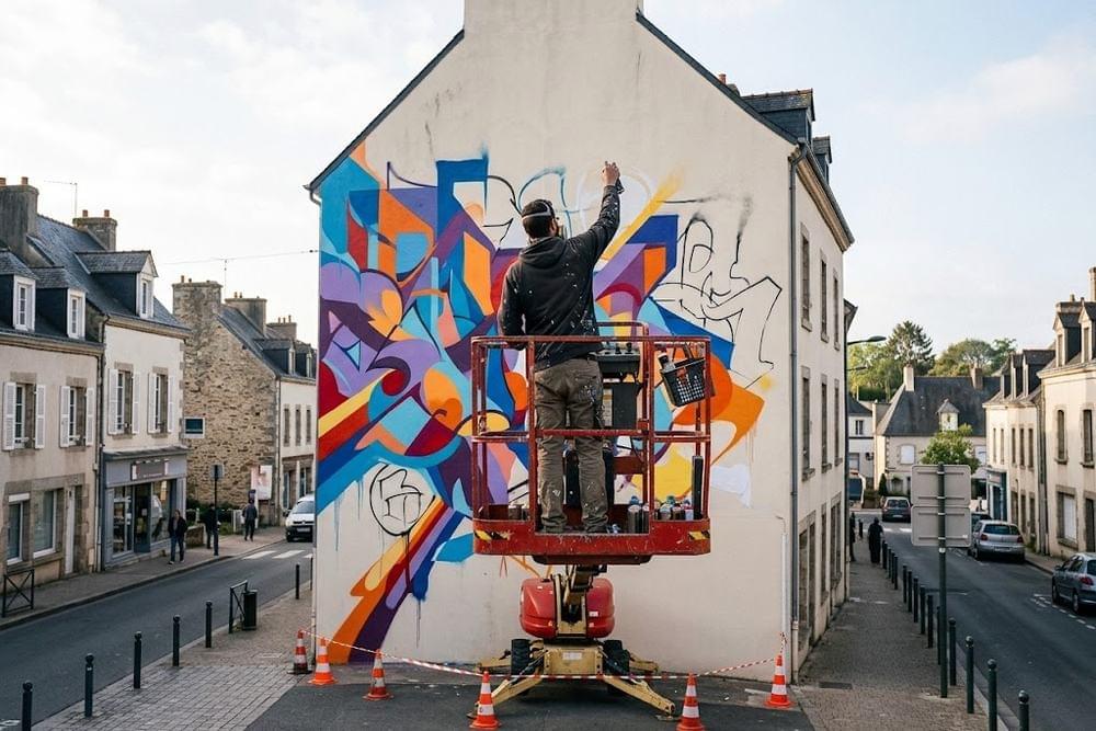Graffeur de dos sur une nacelle peignant une grande fresque colorée sur un pignon d'immeuble Graffeur de dos sur une nacelle peignant une grande fresque colorée sur un pignon d'immeuble
