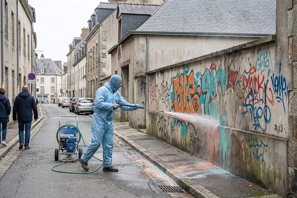 Agent effaçant au nettoyeur haute pression des tags peints sans autorisation sur un mur Agent effaçant au nettoyeur haute pression des tags peints sans autorisation sur un mur