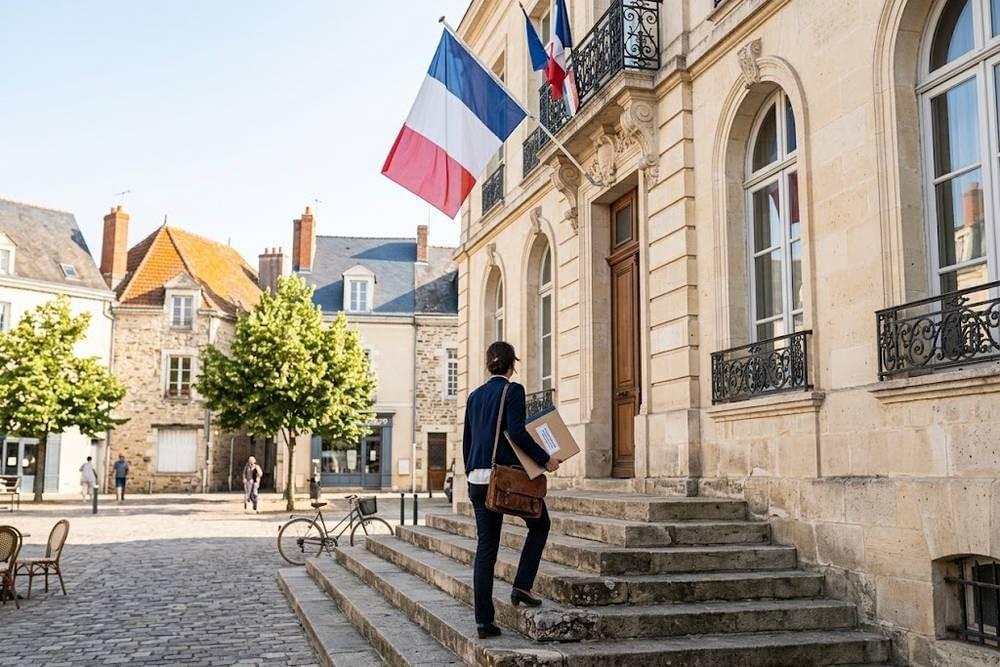 Habitant se rendant à la mairie avec son dossier de déclaration préalable de fresque Habitant se rendant à la mairie avec son dossier de déclaration préalable de fresque
