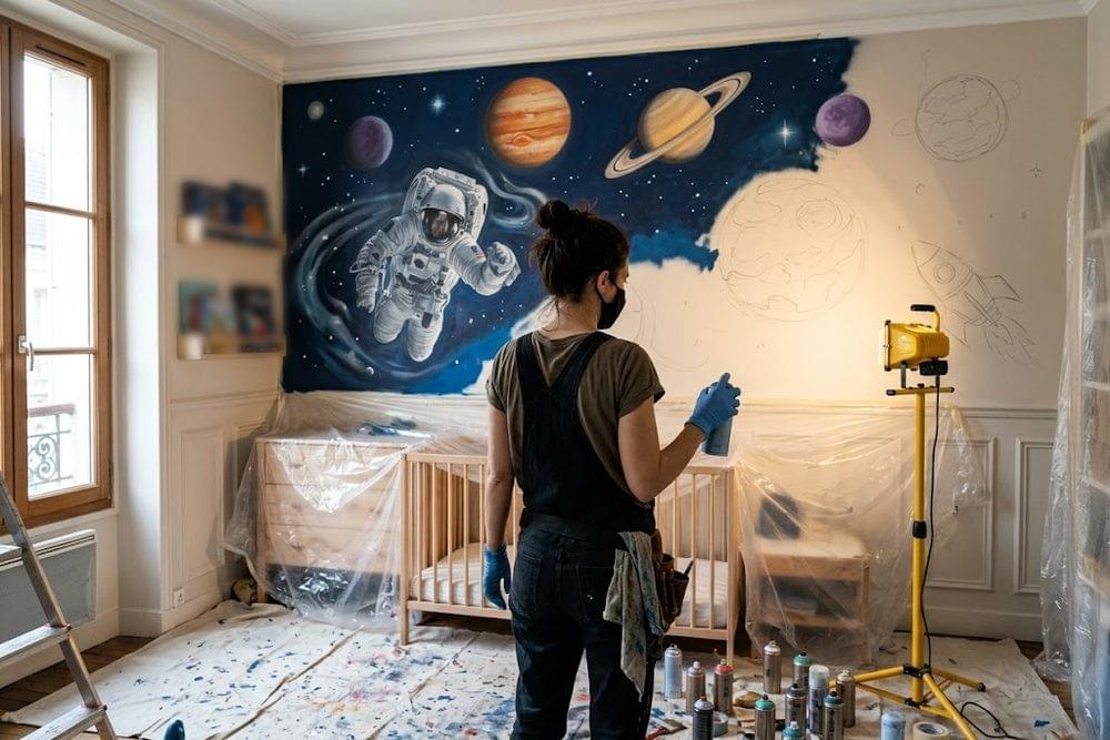 Artiste peignant à la bombe une fresque d'astronaute et de planètes dans une chambre d'enfant Artiste peignant à la bombe une fresque d'astronaute et de planètes dans une chambre d'enfant