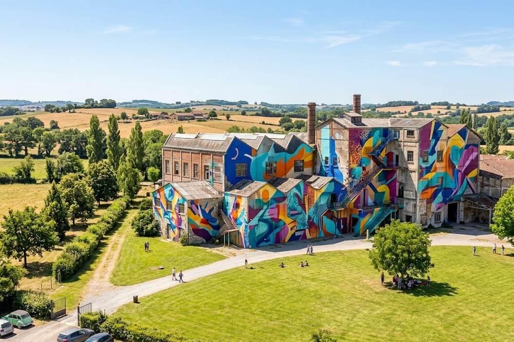 Illustration d'un ancien bâtiment industriel couvert de fresques murales en pleine campagne Illustration d'un ancien bâtiment industriel couvert de fresques murales en pleine campagne