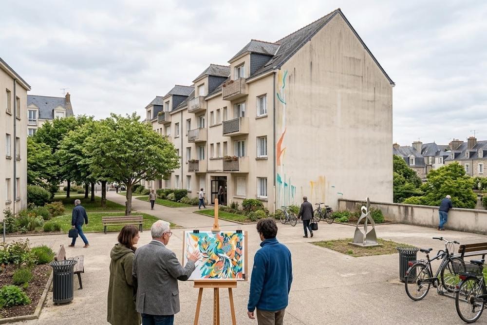 Copropriétaires découvrant la maquette d'une fresque devant le pignon de leur immeuble Copropriétaires découvrant la maquette d'une fresque devant le pignon de leur immeuble