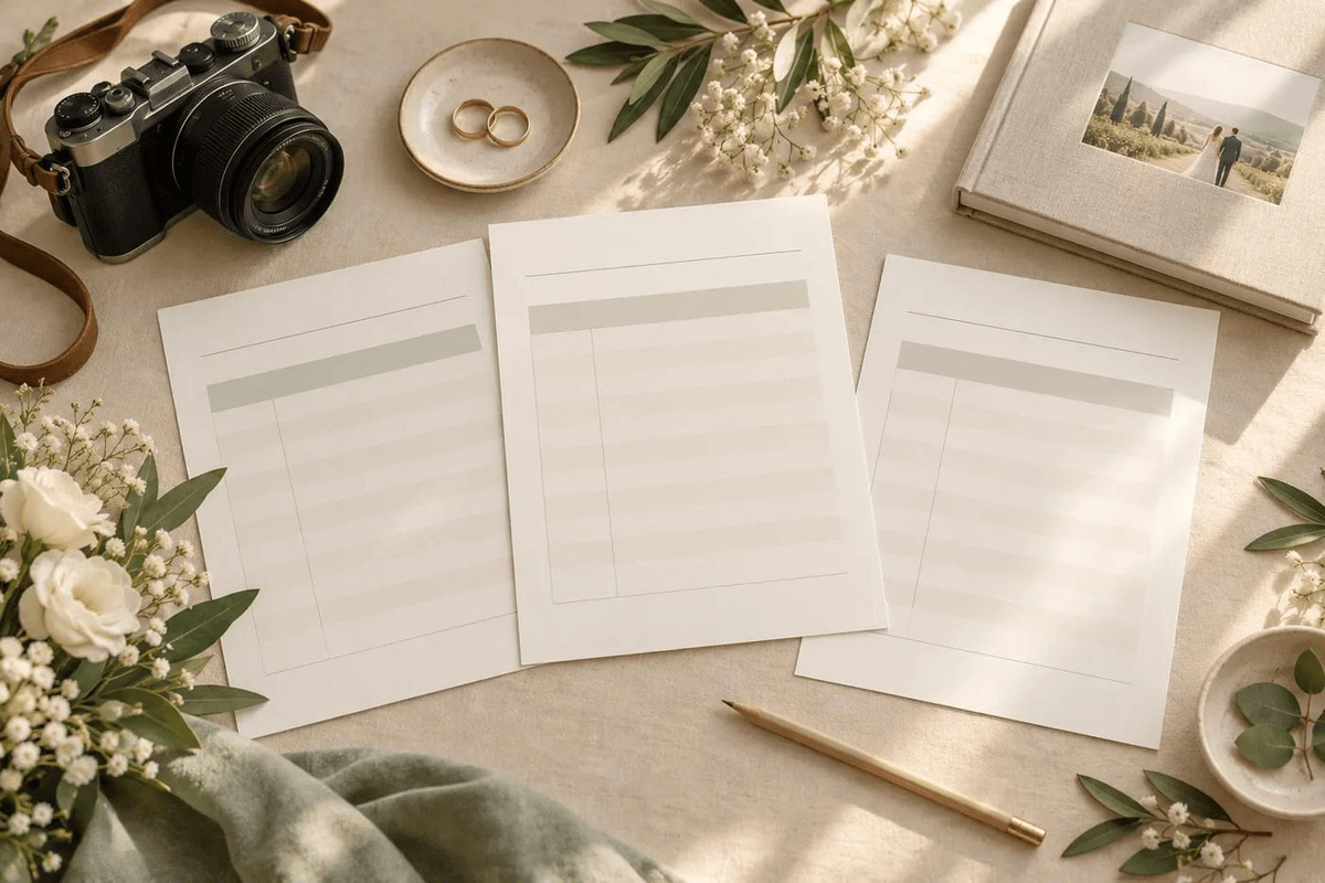 Trois devis de photographie de mariage disposés près d’un appareil photo Trois devis de photographie de mariage disposés près d’un appareil photo