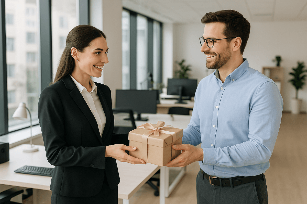 Collègues souriants, échangeant un cadeau au bureau. Collègues souriants, échangeant un cadeau au bureau.
