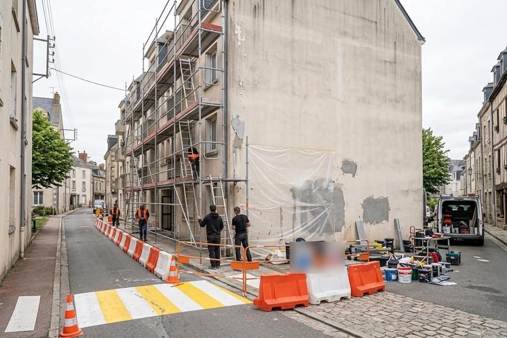 Échafaudage sur trottoir balisé devant une façade préparée pour une fresque murale Échafaudage sur trottoir balisé devant une façade préparée pour une fresque murale