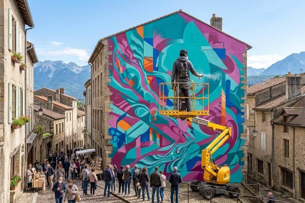 Graffeur sur nacelle peignant une fresque monumentale pendant un festival d'art urbain Graffeur sur nacelle peignant une fresque monumentale pendant un festival d'art urbain