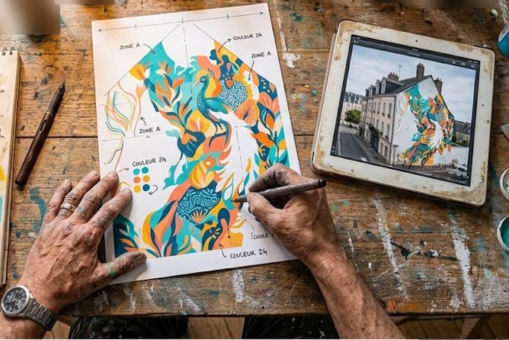 Graffeur annotant la maquette et le photomontage d'une fresque pour le dossier de mairie Graffeur annotant la maquette et le photomontage d'une fresque pour le dossier de mairie