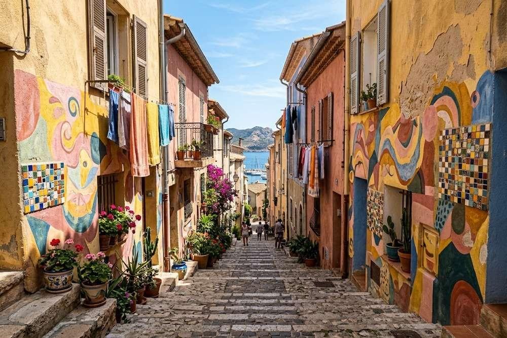 Ruelle en escalier aux murs couverts de fresques colorées dans le sud de la France Ruelle en escalier aux murs couverts de fresques colorées dans le sud de la France