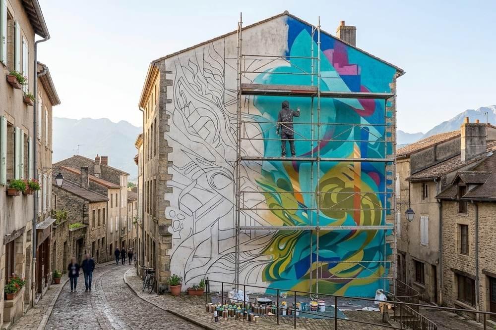 Chantier de fresque murale sur pignon avec esquisse, bombes aérosol et échafaudage Chantier de fresque murale sur pignon avec esquisse, bombes aérosol et échafaudage