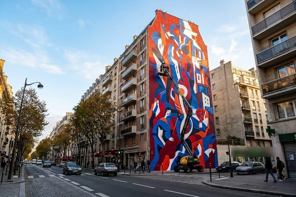 Pignon d'immeuble peint d'une fresque géante le long d'un boulevard à Paris Pignon d'immeuble peint d'une fresque géante le long d'un boulevard à Paris