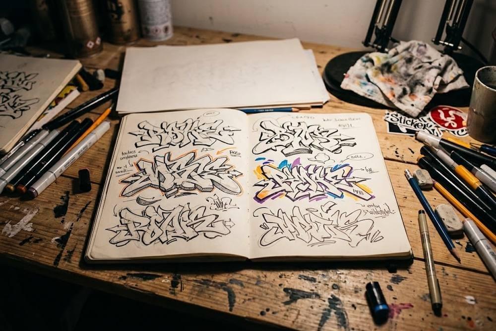 Carnet de croquis ouvert avec des esquisses de lettrages graffiti en volume et des feutres Carnet de croquis ouvert avec des esquisses de lettrages graffiti en volume et des feutres