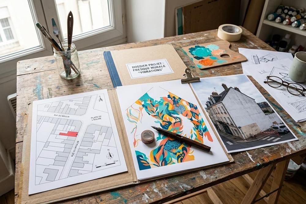 Dossier de demande pour une fresque avec maquette couleur, photo du mur et plan Dossier de demande pour une fresque avec maquette couleur, photo du mur et plan