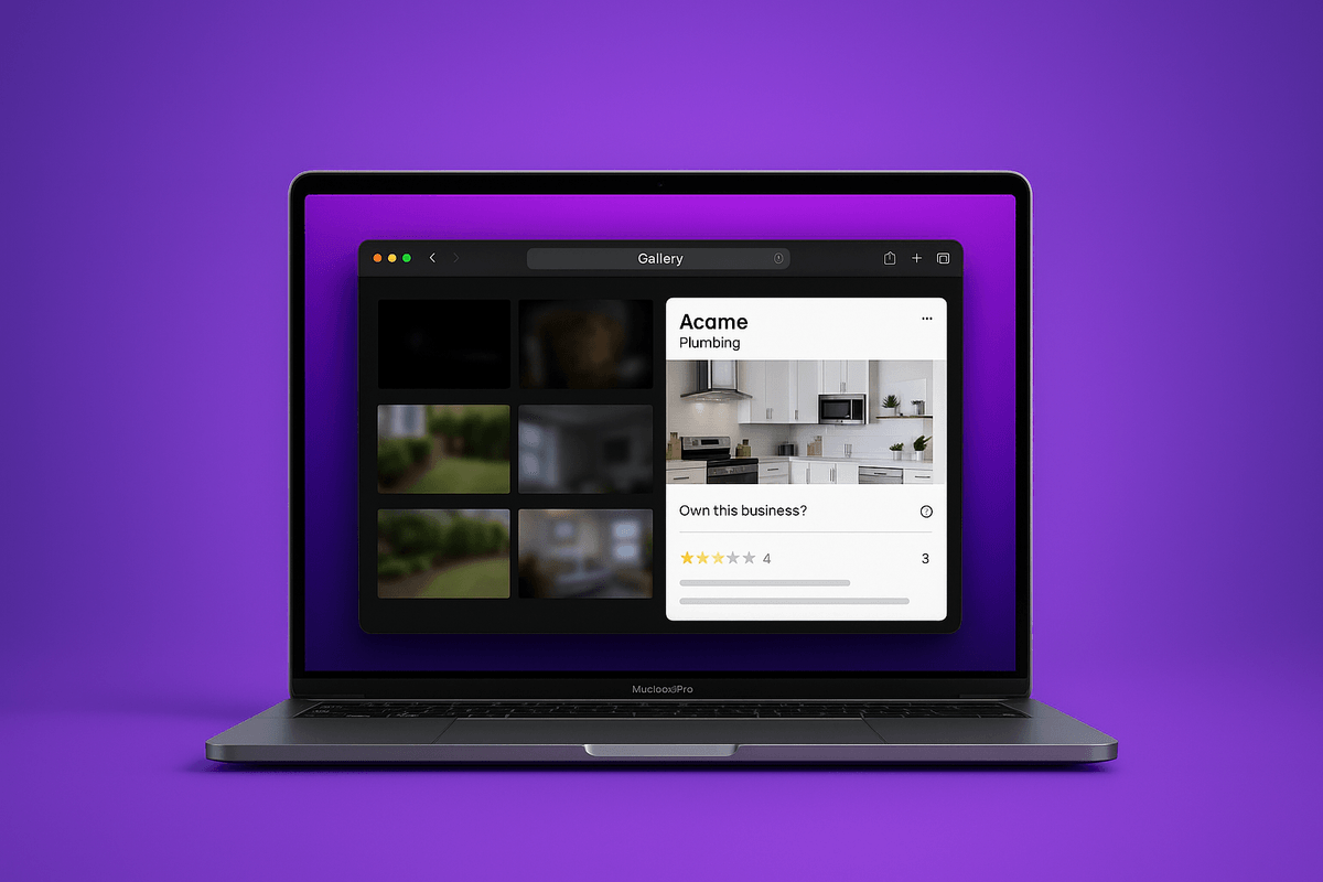 MacBook displaying photo gallery with mix of dark, blurry images and one clear photo, against a purple Knardal background MacBook displaying photo gallery with mix of dark, blurry images and one clear photo, against a purple Knardal background