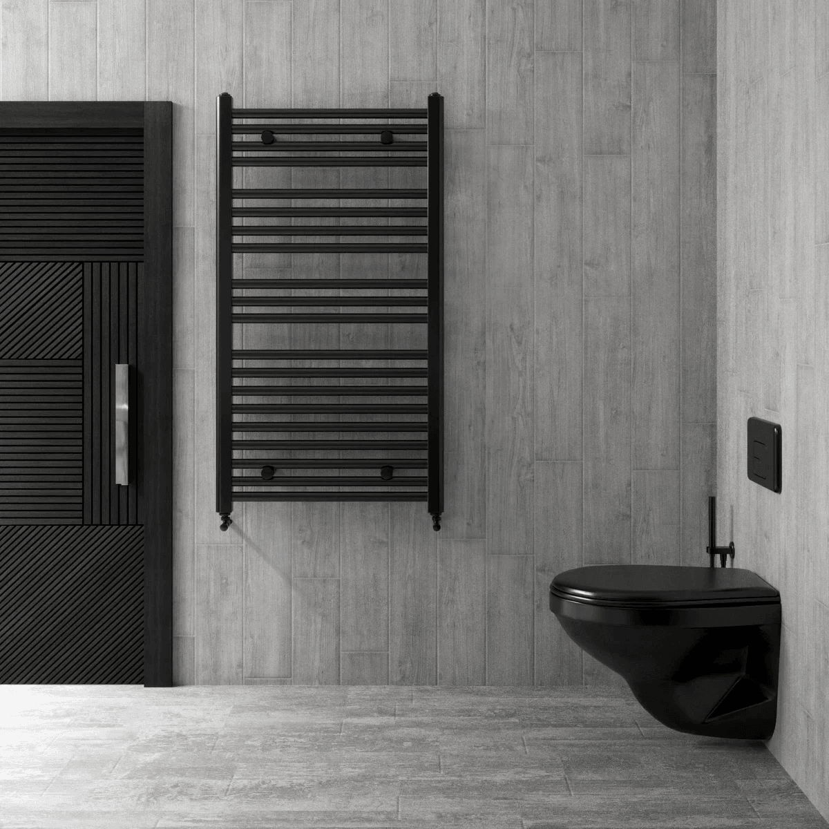A black and white bathroom consisting of a baseless toilet and a towel warmer with wooden wallpaper A black and white bathroom consisting of a baseless toilet and a towel warmer with wooden wallpaper