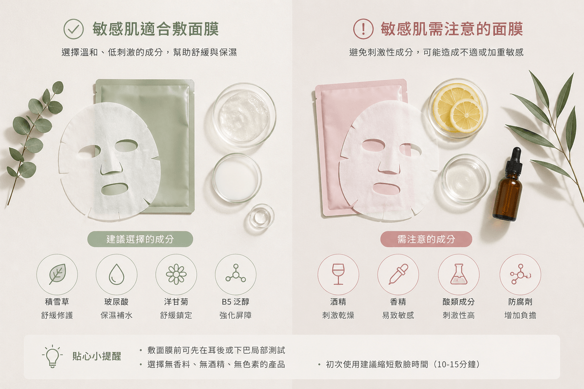 敏感肌面膜選擇示意圖,對比溫和保濕成分與可能刺激肌膚的成分差異 敏感肌面膜選擇示意圖,對比溫和保濕成分與可能刺激肌膚的成分差異