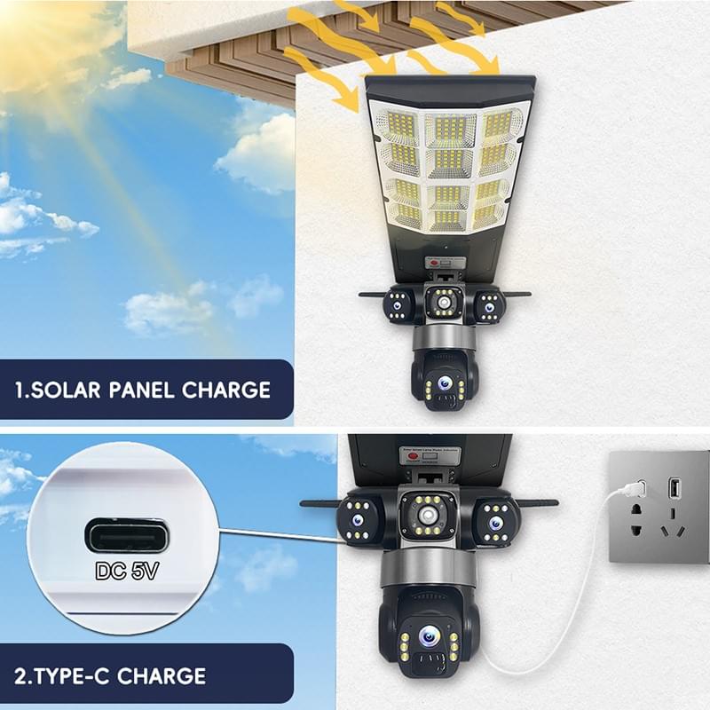 4G Solar Security Light with Triple Lens Camera 3 Screen 6.0MP, 180W Street Light, Two-Way Audio