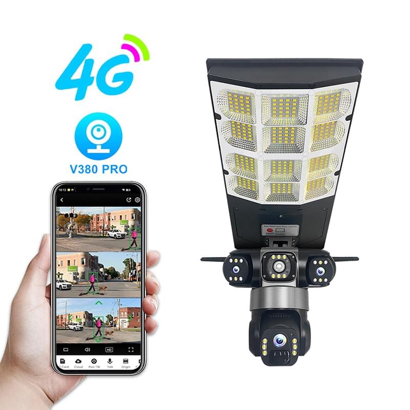 4G Solar Security Light with Triple Lens Camera 3 Screen 6.0MP, 180W Street Light, Two-Way Audio