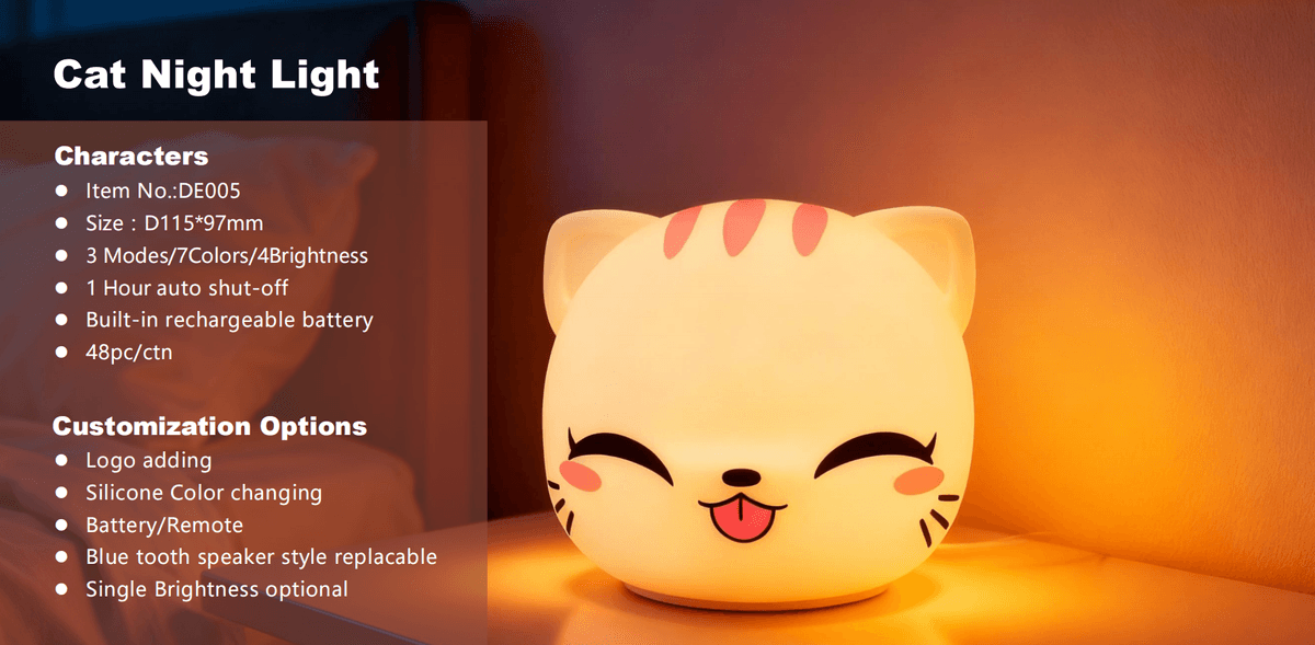 Tap Control Cat Night Light for Kids: USB Rechargeable, 7 Color Dimmable Mood Light for Bedroom
