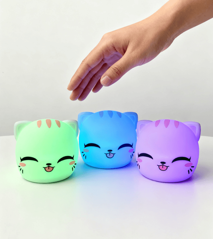 Tap Control Cat Night Light for Kids: USB Rechargeable, 7 Color Dimmable Mood Light for Bedroom