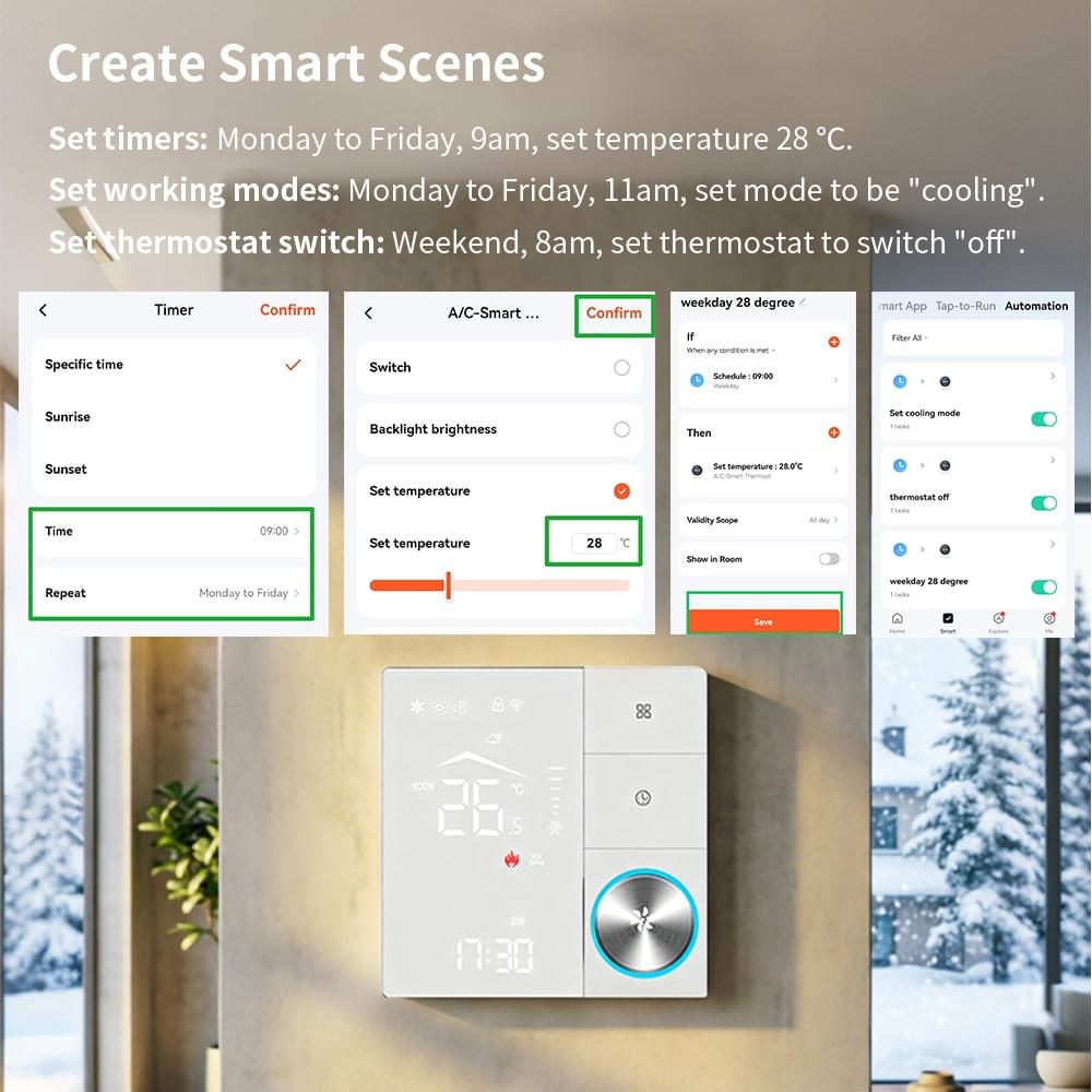 Wi-Fi Thermostat for Fan Coil Units and Air Conditioners, 2-Pipe System Tuya Smart Thermostat Alexa