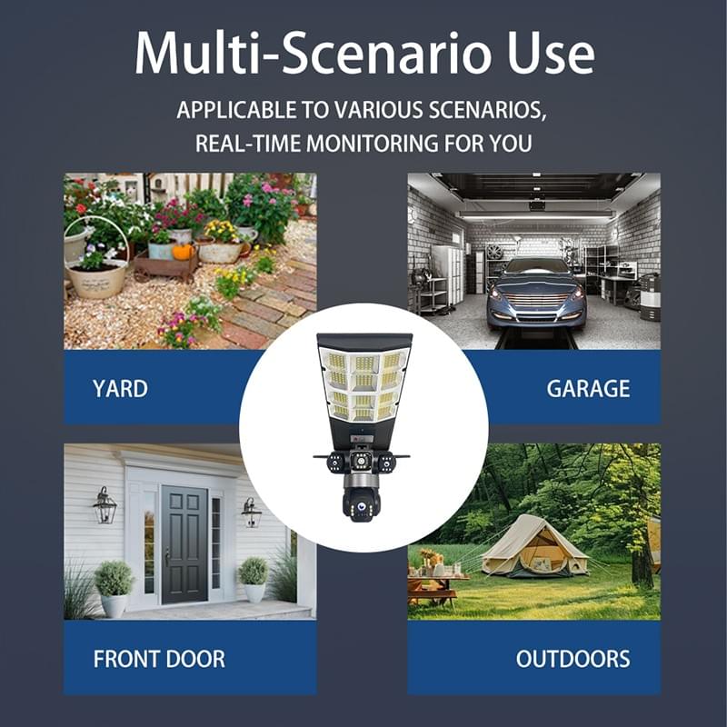 4G Solar Security Light with Triple Lens Camera 3 Screen 6.0MP, 180W Street Light, Two-Way Audio