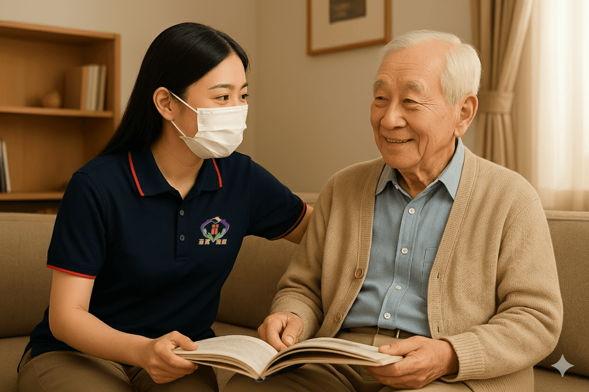 在北投居家長照的冠冕居服員陪著長輩閱讀聊天 在北投居家長照的冠冕居服員陪著長輩閱讀聊天