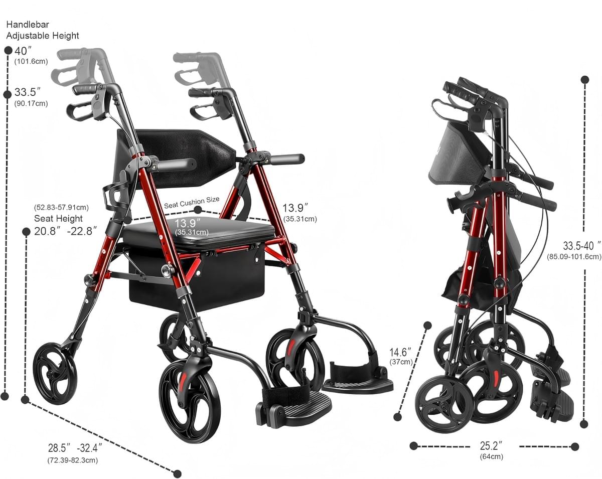 GMH Rollator 2-in-1 Rollator Walker Transport Wheelchair