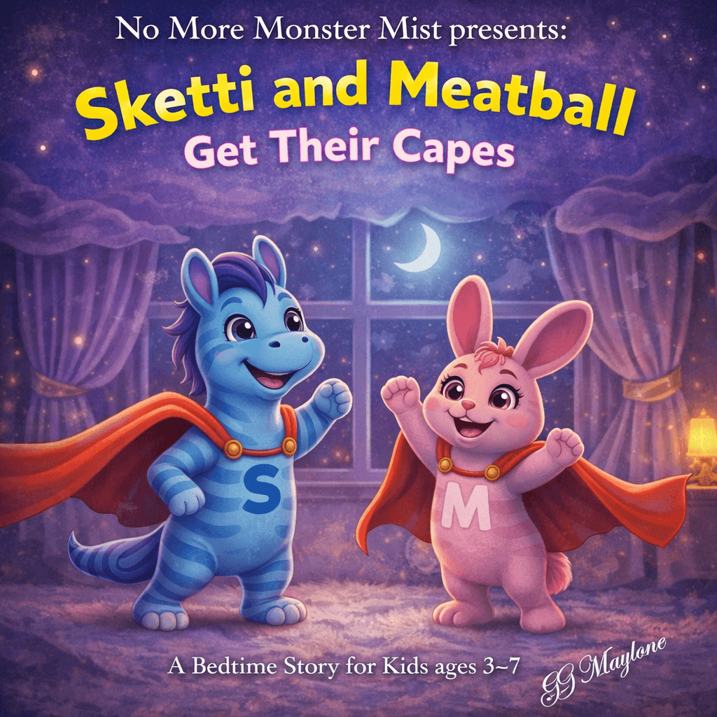 Meet Pasketti & Meatball, your child's new nighttime superheroes! These charming characters accompany our mist and make bedtime stories more fun, teaching kids that bravery can conquer any fear. Nighttime Superheroes Our Magical Mist A calming nighttime mist that eliminates the monsters under the bed, ghoulies in the closet and ghosts outside the door. Features nighttime superheroes: Pasketti & Meatball. Includes cute song and poem. Pasketti & Meatball merch coming soon! Meet Pasketti & Meatball, your child's new nighttime superheroes! These charming characters accompany our mist and make bedtime stories more fun, teaching kids that bravery can conquer any fear. Nighttime Superheroes Our Magical Mist A calming nighttime mist that eliminates the monsters under the bed, ghoulies in the closet and ghosts outside the door. Features nighttime superheroes: Pasketti & Meatball. Includes cute song and poem. Pasketti & Meatball merch coming soon!